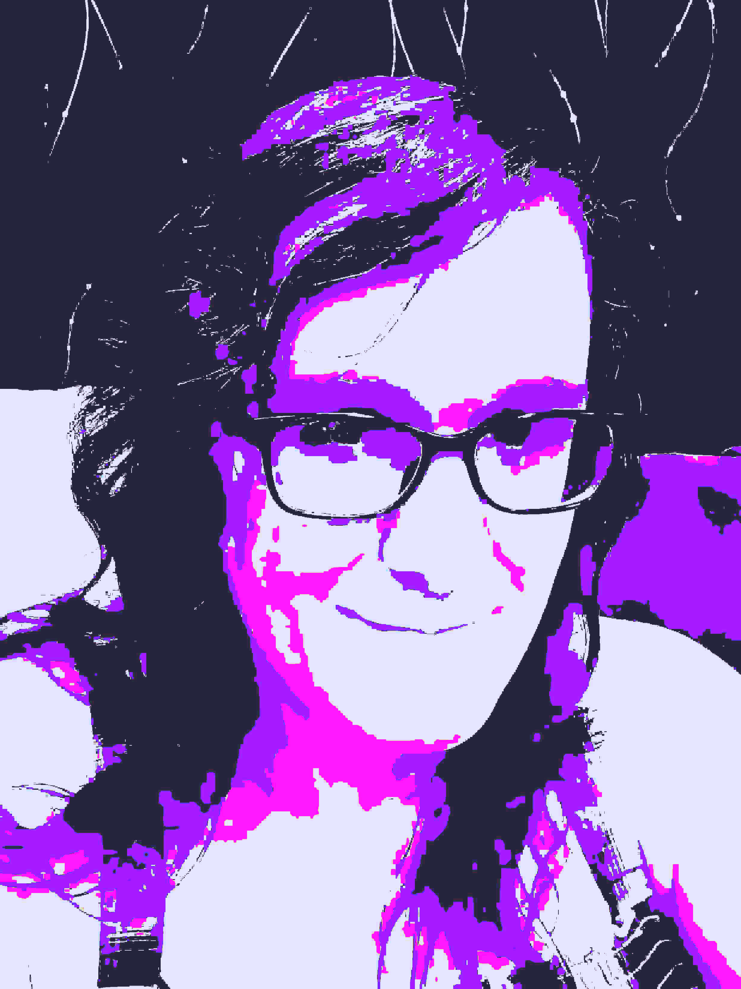 selfie of Lea Kapp, digitlized, pixelated, and saturated into four primary colors: whitish, blackish, purple, and pink